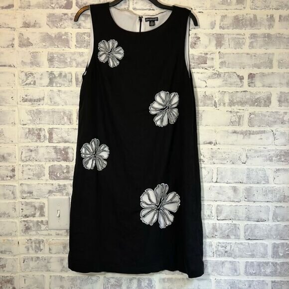 Nina Leonard Floral Cut Out Sleeveless Black Linen Blend Shift Dress Size 8 - Picture 1 of 7